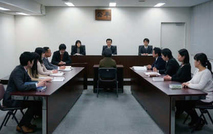 不利益処分についての不服申立ての口頭審理において、公平委員会(正面)、請求者側(左)、処分者側(右)が出席し、証人尋問を行っている様子(模擬審理)。