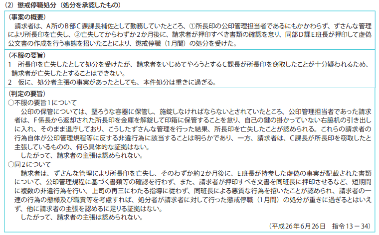 資料7－1　不利益処分審査請求事案関係　2　平成26年度の判定例（要旨）　（2）懲戒停職処分（処分を承認したもの）