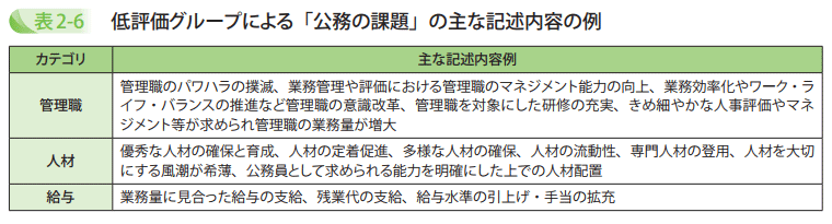 低評価グループによる「公務の課題」の主な記述内容の例