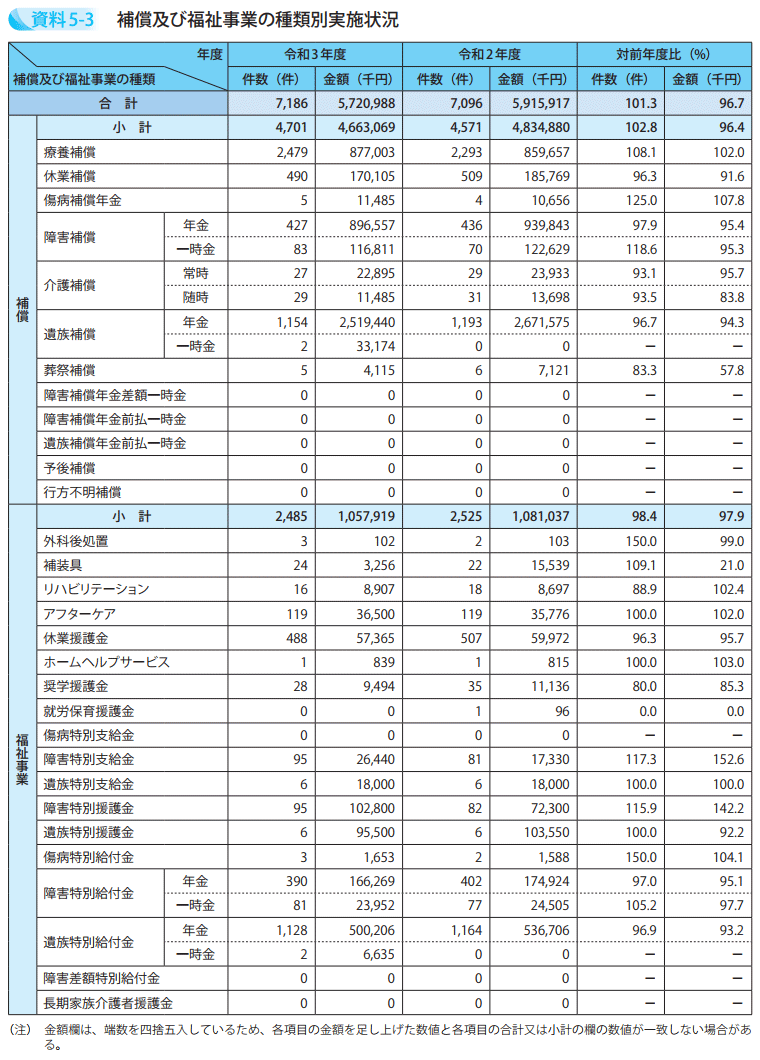補償及び福祉事業の種類別実施状況