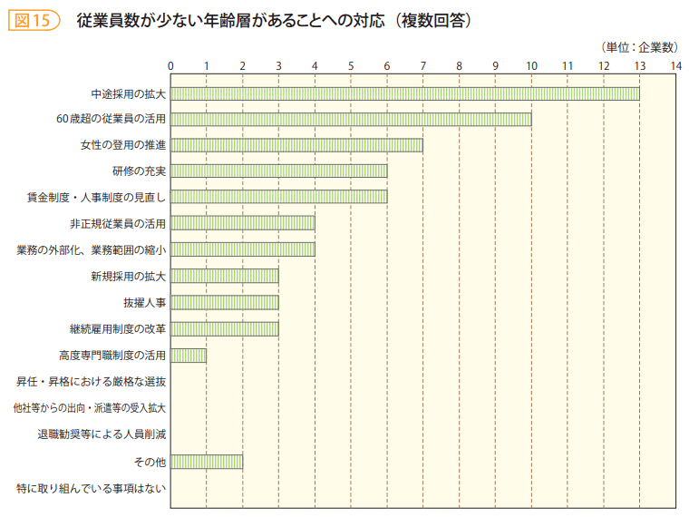 図15 従業員数が少ない年齢層があることへの対応(複数回答)